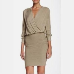 Fit midi dress taupe color plunge neckline